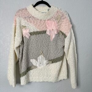 Vintage Shenanigans Floral Knit Sweater | Pastel 80s Appliqué Cottagecore Med‎